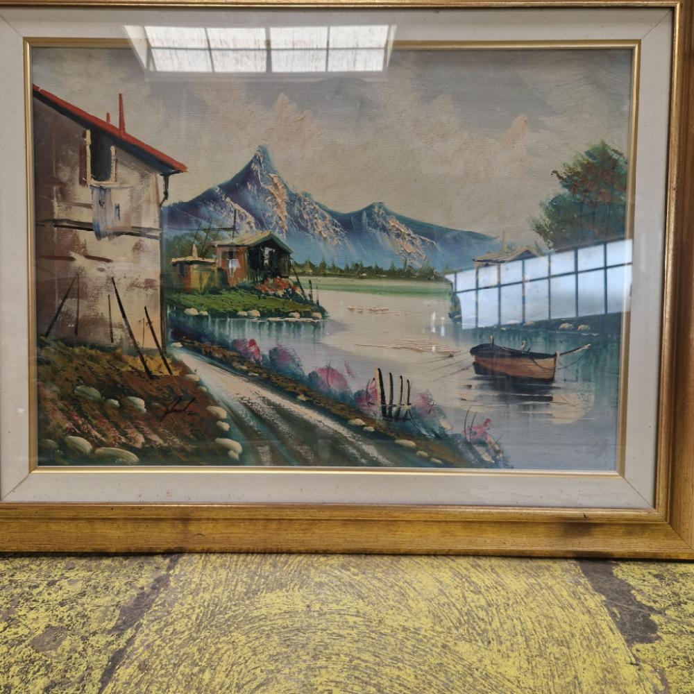 Mercatopoli QUADRO OLIO SU TELA PAESAGGIO LAGO MONTAGNE ICARDI CORNICE DORATA