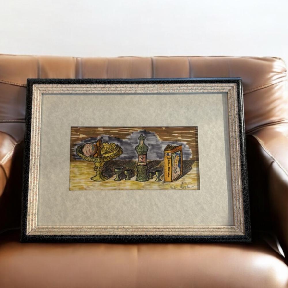 Mercatopoli QUADRO SERIGRAFIA 20X10 VASO FRUTTA CON LIBRO VITO ARCIERI CORNICE GRIGIA