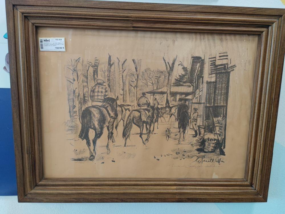 Mercatopoli Quadro80 X 60 Autore Perelli E. Scuderia Passeggiata Mattutina Carboncini Su Carta