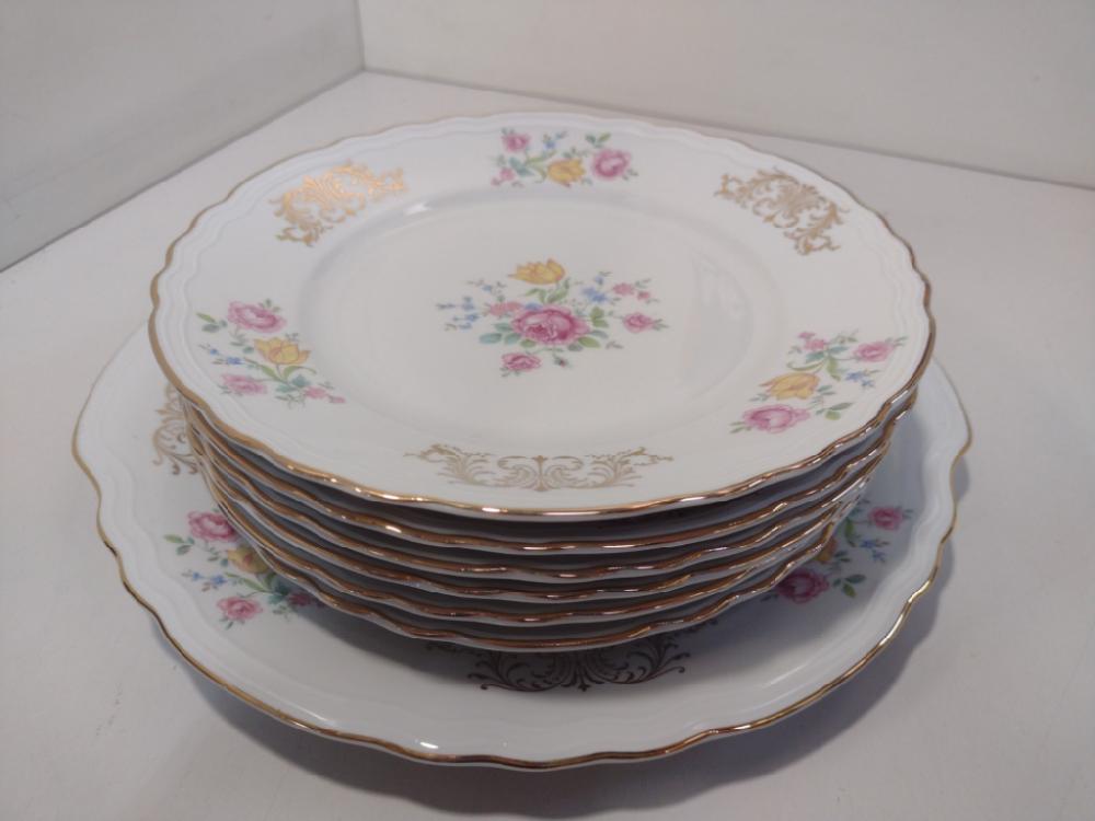 Mercatopoli Servizio Piattini Dolce 6 + 1 Grande Motivi Dorati E Fiori