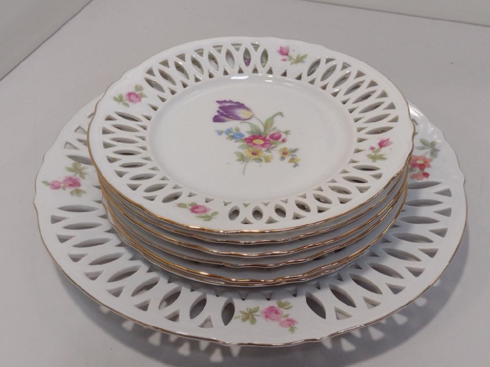 Mercatopoli Servizio Piattini Dolce 6 + 1 Grande Porcellana Traforata Motivo Floreale E Bordo Dorato