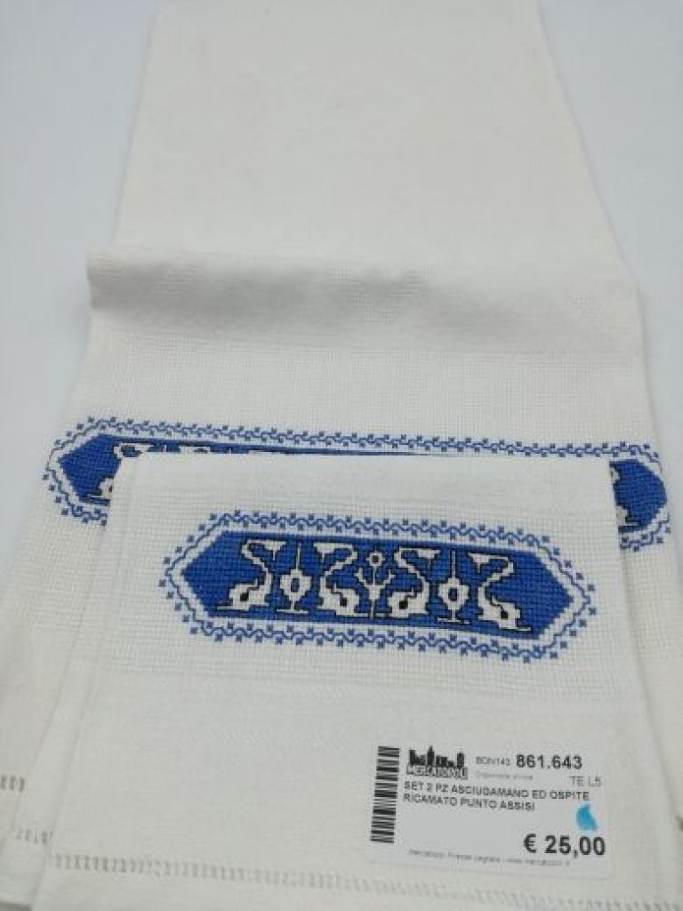 Mercatopoli Set 2 Pz Asciugamano Ed Ospite ricamato Punto Assisi