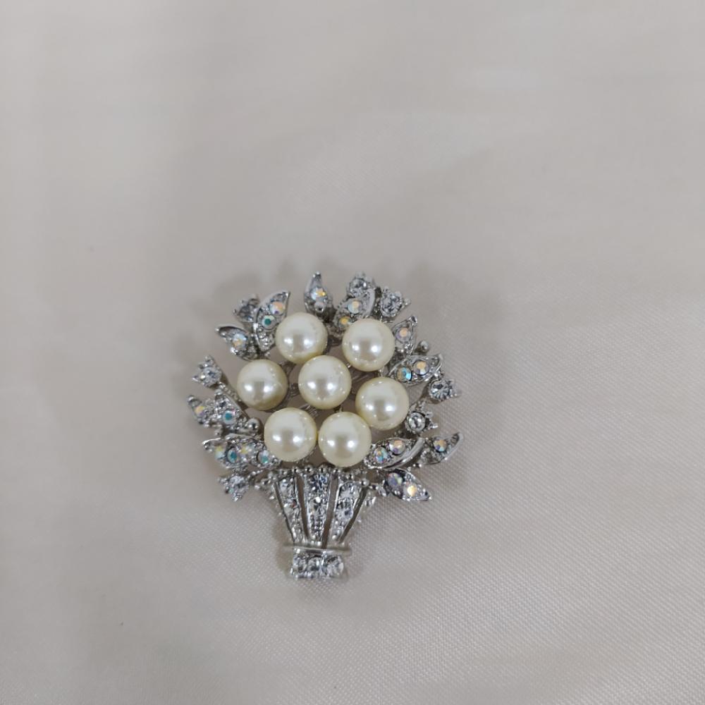 Mercatopoli Spilla Vaso Di Fiori Silver + Perle Bianche
