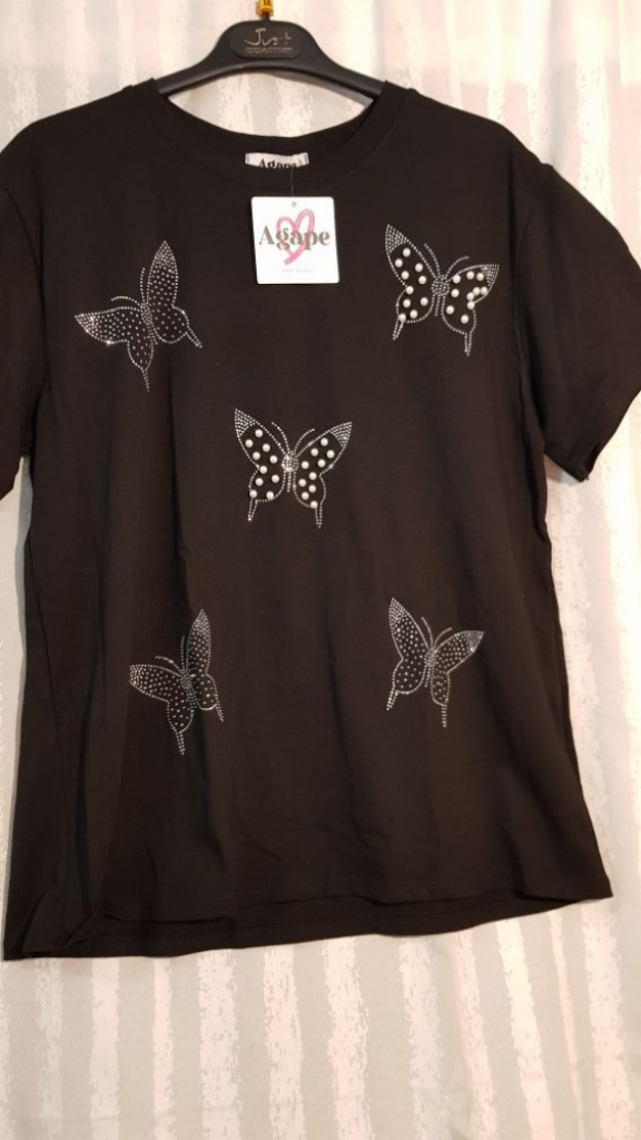 Mercatopoli T Shirt Cotone Nero Donna Tg L Farfalle Applicazioni Perline NUOVO