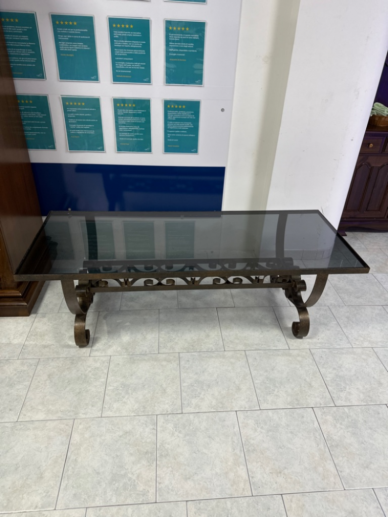Mercatopoli Tavolino Base Ferro Battuto Piano Vetro L150 H47 P60