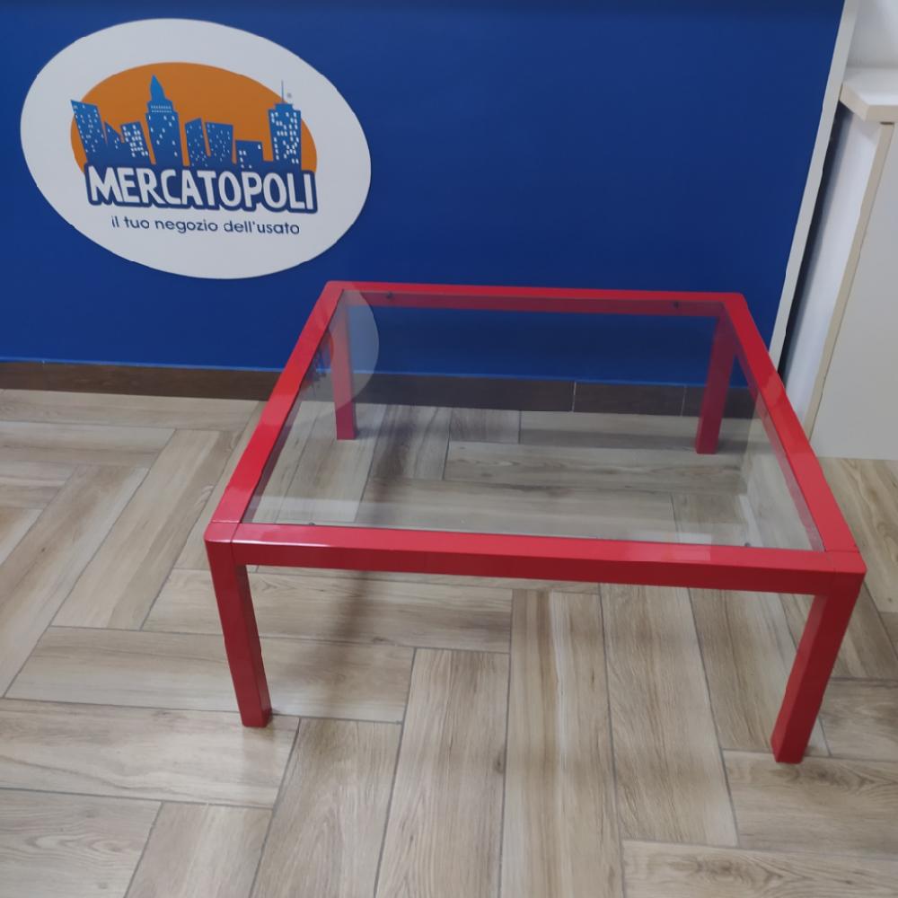 Mercatopoli Tavolino Piano Vetro Legno Laccato Rosso L 80 H 35 P 80