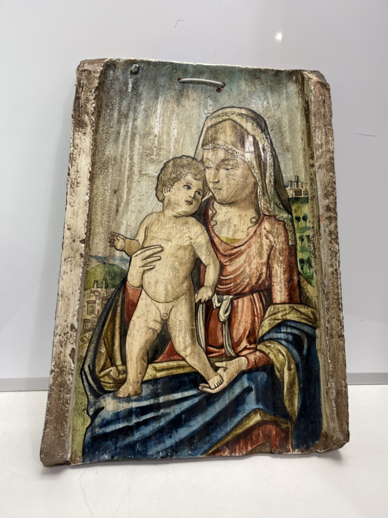 Mercatopoli Tegola Romana Terracotta Dipinta Madonna Con Bambino H 47x36x29 Cm