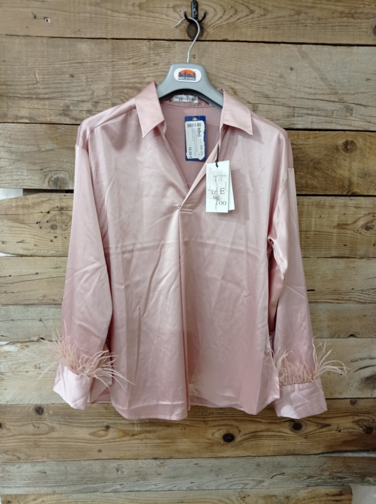 Mercatopoli To Be Too Camic Raso Rosa Manich Con Piume Tg XXL Nuovo Con Etichetta