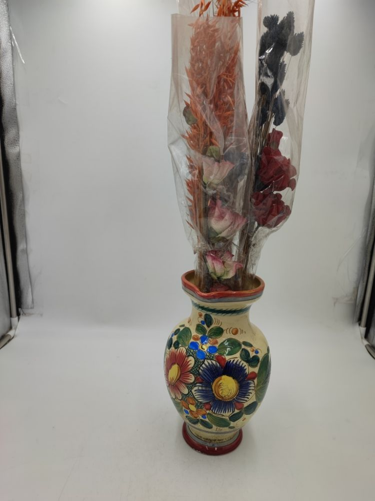 Mercatopoli Vintage Vaso Anfora Decorato A Manocon Fiori Secchi